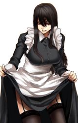 Rule 34 | 1girl, apron, black dress, black hair, black nails, breasts, brown thighhighs, clothes lift, dress, dress lift, eyeshadow, fingernails, garter straps, hair between eyes, highres, hoshi san 3, large breasts, long dress, long sleeves, looking at viewer, maid, maid apron, makeup, mole, mole under eye, mole under mouth, nail polish, original, simple background, smile, solo, standing, thighhighs, white apron, white background