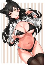 Rule 34 | 1girl, absurdres, alternate costume, animal ears, arm support, arms at sides, atago (azur lane), atago (stunning speedster) (azur lane), azur lane, bad id, bad twitter id, bikini, bikini tug, black bikini, black hair, black thighhighs, blush, breasts, brown eyes, clothes writing, commentary request, cowboy shot, curvy, dutch angle, extra ears, gluteal fold, groin, hair ribbon, hand up, highres, jacket, large breasts, long hair, looking at viewer, mole, mole under eye, navel, open clothes, open mouth, parted lips, race queen, ribbon, shrug (clothing), sirurabbit, skindentation, smile, solo, standing, stomach, swept bangs, swimsuit, thighhighs, white background, white ribbon, wrist cuffs
