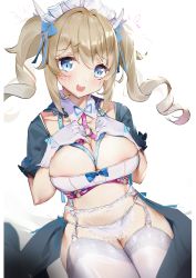 Rule 34 | 1girl, absurdres, apron, barbara (genshin impact), blonde hair, blue eyes, blush, breasts, cleavage, collarbone, commentary request, crop top, detached collar, drill hair, fang, garter belt, genshin impact, gloves, hands on own chest, highres, lace-trimmed garter belt, lace trim, large breasts, legs together, long hair, looking at viewer, maid, maid headdress, o-ring, open mouth, shrug (clothing), sidelocks, simple background, sitting, solo, thighhighs, twin drills, white apron, white background, white gloves, white thighhighs, yztp (sanmery)