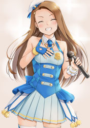 Rule 34 | 10s, 1girl, ^ ^, beret, blue gloves, brown hair, closed eyes, cowboy shot, detached collar, closed eyes, fingerless gloves, gloves, grin, hairband, hand on own chest, hat, idolmaster, idolmaster (classic), idolmaster platinum stars, long hair, microphone, minase iori, miri (ago550421), pleated skirt, skirt, smile, solo, thighhighs