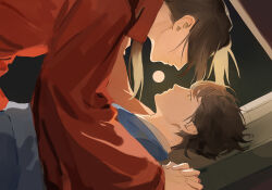 2boys axis_powers_hetalia black_sky blue_kimono brown_eyes brown_hair changpao china_(hetalia) chinese_clothes chinese_commentary closed_mouth commentary_request covered_eyes full_moon highres holding_hands japan_(hetalia) japanese_clothes jingtianruoling kimono long_hair long_sleeves looking_at_another looking_down looking_up lying male_focus mandarin_collar moon multiple_boys night on_back ponytail red_shirt shirt short_hair sky teeth wide_sleeves yaoi