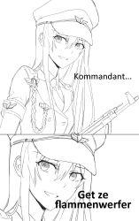 Rule 34 | 1girl, absurdres, assault rifle, english text, girls&#039; frontline, greyscale, gun, hair between eyes, hat, highres, holding, holding gun, holding weapon, jacket, long hair, looking at viewer, meme, military, military hat, military uniform, monochrome, necktie, open mouth, rifle, smile, solo, stg44, stg44 (girls&#039; frontline), suprii, translation request, uniform, upper body, weapon, white background