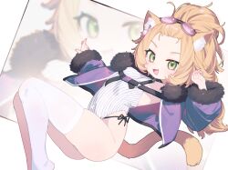 Rule 34 | 1girl, animal ears, blonde hair, cat ears, cat tail, eyewear on head, fur trim, green eyes, highres, jacket, leotard, looking at viewer, mosou keito, open mouth, original, smile, solo, tail, thighhighs, white leotard, white thighhighs, zoom layer