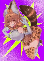 Rule 34 | 1girl, alternate hair color, animal ears, arms up, bad id, bad twitter id, blush, bow, bowtie, breast pocket, breasts, brown gloves, brown hair, brown thighhighs, elbow gloves, full body, gloves, grin, highres, kemono friends, large breasts, looking at viewer, multicolored clothes, multicolored gloves, notora, parted lips, pocket, serval (kemono friends), serval tail, sleeveless, smile, solo, tail, teeth, thighhighs, traditional bowtie, white gloves