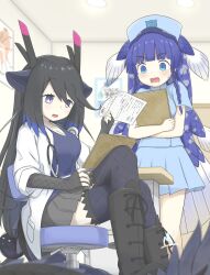 2girls alternate_costume animal_ears black_boots black_dragon_(kemono_friends) black_gloves black_hair black_thighhighs blue_eyes blue_hair blue_shirt blue_skirt blunt_bangs blush boots braid clipboard coat dragon_ears dragon_girl dragon_horns dragon_tail elbow_gloves fangs fingerless_gloves fins fish_girl fish_tail fishnet_gloves fishnet_thighhighs fishnets frilled_thighhighs frills gloves gradient_hair grey_skirt hair_between_eyes hat head_fins high_collar highres horns japari_symbol kemono_friends kemono_friends_3 lab_coat long_hair multicolored_hair multiple_girls nurse nurse_cap official_alternate_costume onefiresticks open_clothes open_coat open_mouth pen pleated_skirt purple_eyes purple_shirt shirt short_sleeves side_braid sitting skirt stethoscope_around_neck sweatdrop t-shirt tail thighhighs white_coat zettai_ryouiki