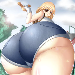 Rule 34 | 10s, 1girl, ass, bare shoulders, blonde hair, brown eyes, from behind, from below, gloves, gun, huge ass, jeans, kikoshou, looking at viewer, looking back, narusawa ryouka, occultic;nine, open mouth, outdoors, pants, shirt, short hair, shorts, standing, thighs, weapon, white gloves, white shirt