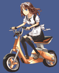 Rule 34 | 1girl, black thighhighs, blue eyes, brown hair, kaeru314, kaeru (kaerism), maid, maid headdress, motor vehicle, original, scooter, short hair, simple background, solo, thighhighs, vehicle