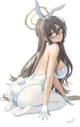 Rule 34 | 1girl, akane (blue archive), akane (bunny) (blue archive), animal ears, blue archive, breasts, brown eyes, detached collar, fake animal ears, glasses, gloves, hair between eyes, halo, highres, large breasts, leotard, light brown hair, long hair, looking at viewer, looking back, may9, official alternate costume, pantyhose, playboy bunny, rabbit ears, rabbit tail, solo, tail, white background, white gloves, white leotard, white pantyhose