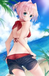 Rule 34 | 1girl, ass, beach, bikini, black shorts, blue eyes, blue sky, cloud, commentary request, cowboy shot, day, dutch angle, from behind, hair ornament, highres, horizon, kantai collection, looking back, ocean, outdoors, pink hair, ponytail, red bikini, shiranui (kancolle), short hair, short ponytail, shorts, sky, solo, standing, swimsuit, u yuz xx, undressing, water