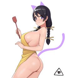 Rule 34 | animal ears, apron, ass, black hair, braid, breasts, cat ears, cat tail, donburi (donburikazoku), hair ornament, hairclip, hanekawa tsubasa, highres, large breasts, looking back, low twintails, naked apron, purple eyes, sideboob, simple background, solo, spatula, strap gap, tail, twin braids, twin way, twintails, white background, yellow apron