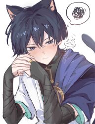 Rule 34 | 1boy, absurdres, animal ears, black bridal gauntlets, black eyes, black hair, black shirt, blue jacket, blush, bridal gauntlets, cat boy, cat ears, cat tail, closed mouth, extra ears, genshin impact, highres, jacket, japanese clothes, long sleeves, looking at viewer, male focus, mnce o, scaramouche (cat) (genshin impact), scaramouche (genshin impact), shirt, short hair, solo, speech bubble, tail, wanderer (genshin impact), white background