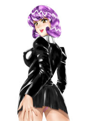 Rule 34 | 1990s (style), 1girl, agent aika, aika (series), ass, bare legs, black delmo, black delmo leader, blush, breasts, brown eyes, covered erect nipples, delmo, dress, female focus, from behind, hand on own hip, latex, looking back, medium breasts, miniskirt, open mouth, panties, pantyshot, purple hair, retro artstyle, shiny skin, short dress, short hair, simple background, skin tight, skirt, solo, standing, thighs, underwear, uniform, upskirt, white background, yuusuke (ziyasu)