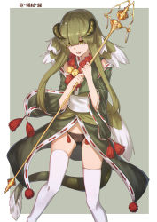 Rule 34 | 1girl, bare shoulders, black panties, detached sleeves, dress, feet out of frame, green dress, green eyes, green hair, grey background, hair between eyes, highres, holding, holding staff, horns, ibuki notsu, long hair, long sleeves, obi, open mouth, original, panties, pom pom (clothes), ribbon-trimmed sleeves, ribbon trim, sash, sidelocks, simple background, solo, staff, standing, tail, thighhighs, thighs, translation request, underwear, white sash, white thighhighs, wide sleeves
