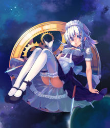 Rule 34 | 1girl, braid, embodiment of scarlet devil, female focus, frilled thighhighs, frills, full body, hairband, izayoi sakuya, kishiyo, knife, maid, mary janes, panties, red eyes, shoes, short hair, silver hair, solo, space, thigh strap, thighhighs, throwing knife, touhou, twin braids, underwear, weapon