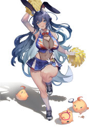 Rule 34 | 1girl, :d, absurdres, alternate costume, animal ear fluff, animal ears, arm up, armpits, azur lane, bare shoulders, bird, blue eyes, blue hair, blue shirt, blue skirt, blush, bodystocking, bow, bowtie, breasts, cheerleader, chick, cleavage, cleavage cutout, clothing cutout, collared shirt, covered navel, crop top, elbow gloves, fake animal ears, full body, gloves, hair between eyes, hair intakes, heart cutout, highres, holding, holding pom poms, kneehighs, large breasts, long hair, looking at viewer, manjuu (azur lane), midriff, miniskirt, new jersey (azur lane), open mouth, pleated skirt, pom pom (cheerleading), pom poms, rabbit ears, red bow, red bowtie, see-through, see-through cleavage, shadow, shirt, shoes, sidelocks, simple background, skirt, sleeveless, sleeveless shirt, smile, sneakers, socks, standing, standing on one leg, very long hair, white background, white gloves, white socks, yoyoleaf