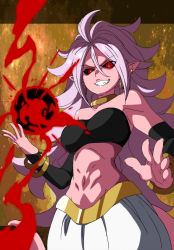 Rule 34 | 1girl, android 21, baggy pants, bandeau, bare shoulders, black sclera, bracelet, breasts, colored sclera, colored skin, cowboy shot, curly hair, detached sleeves, dragon ball, dragon ball fighterz, earrings, energy, energy ball, evil smile, glowing, hair between eyes, highres, hoop earrings, jewelry, long hair, looking at viewer, majin android 21, medium breasts, navel, neck ring, pants, pink hair, pink skin, pointy ears, red eyes, smile, solo, tail, toned, yuukami (wittsu)