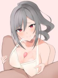 Rule 34 | 1girl, absurdres, alternate hairstyle, apron, argule0901, bad id, bad pixiv id, blush, breasts, censored, drill hair, hetero, highres, idolmaster, idolmaster cinderella girls, kanzaki ranko, large breasts, long hair, looking at viewer, naked apron, paizuri, paizuri under clothes, penis, ponytail, pov, red eyes, simple background, solo focus, tsurime, upper body