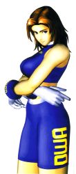 Rule 34 | 1990s (style), 1girl, 3d, blue eyes, breasts, brown hair, dead or alive, dead or alive 1, female focus, gloves, highres, large breasts, midriff, official art, retro artstyle, simple background, solo, tecmo, tina armstrong, white background