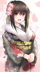 Rule 34 | 1girl, absurdres, alternate hairstyle, brown eyes, brown hair, floral background, floral print, flower, furisode, girls&#039; frontline, green hair, hair flower, hair ornament, happy, highres, hiromaster sinta jh, japanese clothes, kimono, m4a1 (girls&#039; frontline), multicolored hair, signature, solo, streaked hair