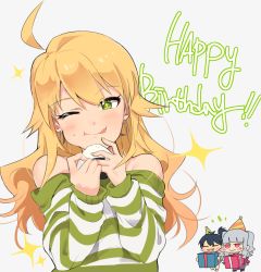 Rule 34 | + +, 3girls, :p, ahoge, black hair, blonde hair, blush, chibi, chibi inset, closed eyes, commentary request, earrings, eating, english text, food, ganaha hibiki, gift, green eyes, green sweater, hat, holding, hoop earrings, hoshii miki, idolmaster, idolmaster (classic), jewelry, jitome, korean commentary, long sleeves, looking at viewer, multiple girls, off shoulder, onigiri, party hat, red eyes, shijou takane, silver hair, smile, solo focus, striped clothes, striped sweater, sweater, tongue, tongue out, tuxedo de cat