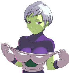 Rule 34 | 1girl, bodysuit, breasts, cheelai, colored skin, dragon ball, dragon ball super, dragon ball super broly, gloves, green skin, half-closed eyes, medium breasts, pulled by self, pulling, purple eyes, seductive smile, short hair, simple background, smile, solo, stealthmaria, upper body, white background, white hair