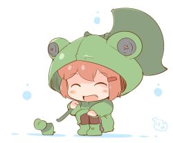Rule 34 | 10s, 1girl, ^ ^, animal hood, artist name, blush stickers, boots, brown hair, chibi, closed eyes, commentary request, closed eyes, fang, frog, frog hood, hair ornament, hairclip, hanomido, hood, ikazuchi (kancolle), kantai collection, leaf, leaf umbrella, open mouth, raincoat, rubber boots, short hair, simple background, solo, squatting, white background