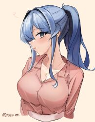 Rule 34 | 1girl, absurdres, blue eyes, blue hair, blush, breasts, buttons, cleavage, collared shirt, commentary request, dimos (dawn 1945), earrings, facing to the side, gotland (kancolle), hair over one eye, heart, highres, jewelry, kantai collection, long hair, looking at viewer, medium breasts, mole, mole under eye, necklace, parted lips, pink shirt, ponytail, shirt, signature, simple background, solo, spoken heart, stud earrings, upper body