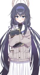 Rule 34 | 1girl, blue archive, blue neckerchief, book, cardigan, hairband, highres, holding, holding book, long hair, long skirt, low twintails, murase48, neckerchief, sailor collar, school uniform, simple background, skirt, solo, sweater, twintails, ui (blue archive), white background