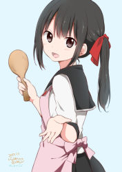 Rule 34 | 1girl, 2017, :3, apron, artist name, black hair, blue background, blush, brown eyes, cat, chijou noko, chikanoko, commentary, copyright name, dated, from side, hair between eyes, hair ribbon, holding, holding spoon, long hair, looking at viewer, open mouth, original, outstretched hand, ragho no erika, red ribbon, ribbon, school uniform, serafuku, shamoji, side ponytail, signature, simple background, smile, solo, spoon, upper body