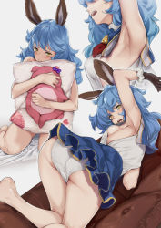 Rule 34 | 1girl, animal ears, armpits, arms up, ass, barefoot, blue hair, blush, breasts, brown eyes, commentary, erune, ferry (granblue fantasy), granblue fantasy, long hair, looking at viewer, hugging object, panties, parted lips, pillow, pillow hug, rabbit ears, sideboob, underwear, wavy hair, white panties, yamaishi (mukoubuti), yellow eyes