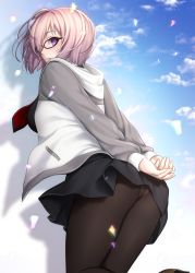 Rule 34 | 1girl, arms behind back, bad id, bad twitter id, black-framed eyewear, black dress, black pantyhose, blue sky, blush, breasts, cloud, cowboy shot, dress, fate/grand order, fate (series), from behind, hair over one eye, highres, hood, hoodie, light purple hair, looking at viewer, looking back, masami chie, mash kyrielight, medium breasts, open clothes, open hoodie, panties, panties under pantyhose, pantyhose, parted lips, petals, purple eyes, short hair, sky, smile, solo, underwear