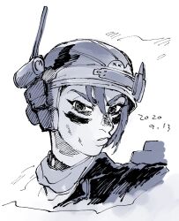 Rule 34 | 1girl, animification, apex legends, dated, frown, hair between eyes, helmet, highres, looking at viewer, mochi wakamaru, parted lips, portrait, radio antenna, short hair, solo, v-shaped eyebrows, vantage (apex legends)