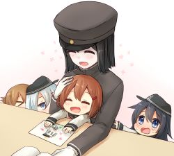 Rule 34 | &gt; &lt;, 10s, 5girls, :d, aged down, akatsuki (kancolle), akitsu maru (kancolle), bad id, bad pixiv id, black hair, blue eyes, blush, brown hair, child, child&#039;s drawing, closed eyes, clothes grab, crying, female focus, flat cap, folded ponytail, gloves, hair ornament, hairclip, hand on another&#039;s head, hat, headpat, hibiki (kancolle), ikazuchi (kancolle), inazuma (kancolle), kantai collection, long sleeves, multiple girls, open mouth, sailor hat, sawatari (sado), school uniform, serafuku, shirt tug, silver hair, sitting, sitting on lap, sitting on person, smile, table, tears, white gloves