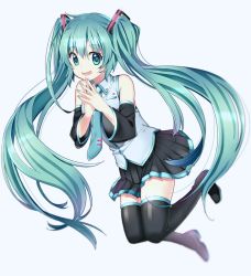 Rule 34 | 1girl, aqua hair, boots, detached sleeves, full body, green eyes, hatsune miku, highres, long hair, looking at viewer, nail polish, necktie, open mouth, pleated skirt, simple background, skirt, smile, solo, steepled fingers, takashina taaa, thigh boots, thighhighs, twintails, very long hair, vocaloid, white background