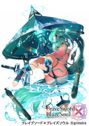 Rule 34 | 1girl, aqua eyes, aqua hair, brave sword x blaze soul, commentary request, frown, full body, hair between eyes, headgear, highres, kokka han, long hair, looking at viewer, hugging object, parasol, pillow, pillow hug, ponytail, solo, torpedo, umbrella, very long hair, water, white background