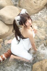 Rule 34 | 1girl, anal tail, animal ears, asian, ass, bathing, brown hair, butt plug, chinese (nationality), chunmomo0127, closed mouth, fake animal ears, fake tail, in water, looking at viewer, looking up, outdoors, photo (medium), real life, tail, towel, twintails, water