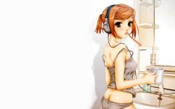 Rule 34 | 1girl, azumi amane, bathroom, breasts, butt crack, camisole, cup, covered erect nipples, headphones, lingerie, looking back, medium breasts, mirror, mouth hold, orange hair, panties, ponytail, short hair, sink, solo, soshina nohito, strap slip, toothbrush, underwear, wallpaper