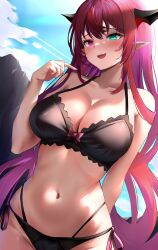 Rule 34 | 1girl, absurdres, arm behind back, bare shoulders, bikini, black bikini, black horns, blue sky, blush, breasts, cleavage, cloud, collarbone, commentary request, day, fang, furrowed brow, green eyes, halterneck, hand up, heterochromia, highres, hirahiragi (h1rqg1), hololive, hololive english, horns, irys (hololive), large breasts, long hair, multi-strapped bikini bottom, multicolored hair, navel, outdoors, pink eyes, pointing, pointing at self, pointy ears, purple hair, red hair, side-tie bikini bottom, skin fang, sky, smile, solo, stomach, streaked hair, swimsuit, very long hair, virtual youtuber