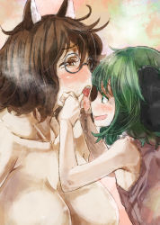 Rule 34 | 2girls, animal ears, bare shoulders, blush, breasts, brown eyes, brown hair, finger in another&#039;s mouth, futatsuiwa mamizou, glasses, green eyes, green hair, half-closed eyes, heavy breathing, kasodani kyouko, large breasts, multiple girls, open mouth, out-of-frame censoring, pince-nez, raccoon ears, short hair, sleeveless, smile, tongue, tongue out, topless, touhou, upper body, yohane, yuri