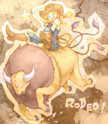 Rule 34 | 1girl, blonde hair, boots, cowboy boots, cowboy hat, cowboy western, cowgirl (pokemon), cowgirl (western), creatures (company), game freak, gen 1 pokemon, green eyes, hat, nintendo, npc trainer, overalls, pokemon, pokemon (creature), rope, spurs, tauros, twintails, yapo (mess), yapo (pixiv)