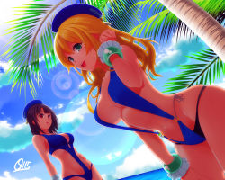 Rule 34 | 10s, 2girls, adjusting hair, atago (kancolle), backlighting, beret, bikini, black hair, blonde hair, bracelet, breasts, casual one-piece swimsuit, cleavage, day, dutch angle, green eyes, hat, jewelry, kantai collection, large breasts, layered bikini, lens flare, long hair, multiple girls, o-ring, o-ring bikini, one-piece swimsuit, open mouth, outdoors, palm tree, red eyes, short hair, shuffle115, side-tie bikini bottom, slingshot swimsuit, swimsuit, takao (kancolle), tree