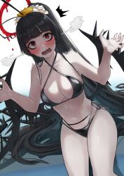 Rule 34 | 1girl, absurdly long hair, absurdres, bikini, black bikini, black hair, black wings, blood, blood halo, blue archive, blush, breasts, collarbone, criss-cross halter, flower, hair flower, hair ornament, hair scrunchie, halo, halterneck, highres, large breasts, liquid halo, long hair, looking at viewer, melting halo, navel, official alternate costume, open mouth, ponytail, red eyes, red halo, saco (cgmore), scrunchie, side-tie bikini bottom, solo, swimsuit, tsurugi (blue archive), tsurugi (swimsuit) (blue archive), very long hair, white flower, wings, yellow flower
