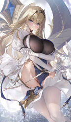 Rule 34 | 1girl, absurdres, arm under breasts, azur lane, blonde hair, blue eyes, blurry, blurry background, breasts, commentary, daefny, elbow gloves, gloves, groin, hair between eyes, highres, large breasts, long hair, looking at viewer, painleve (azur lane), parted lips, pelvic curtain, puffy sleeves, solo, thighhighs, thighs, white gloves, white thighhighs