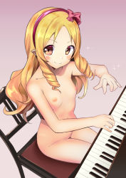 Rule 34 | 10s, 1girl, akechi shizuku, blush stickers, brown eyes, casual nudity, chair, collarbone, drill hair, elf, eromanga sensei, from above, gradient background, hairband, highres, instrument, long hair, looking at viewer, looking up, music, nipples, nude, nudist, piano, playing instrument, playing piano, pointy ears, sitting, smile, solo, yamada elf