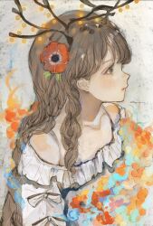 Rule 34 | 1girl, anemone (flower), antlers, bare shoulders, blue eyes, blush, braid, brown hair, commentary request, dress, expressionless, flower, hair flower, hair ornament, highres, horns, long hair, orie h, original, parted lips, profile, signature, sketch, solo, tearing up, white dress