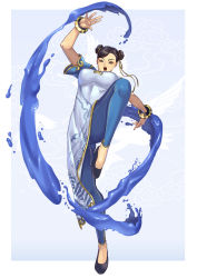Rule 34 | 1girl, blue pants, bracelet, breasts, capcom, china dress, chinese clothes, chun-li, double bun, dress, earrings, eyeshadow, fighting stance, flats, full body, gold trim, hair bun, highres, jewelry, knee up, large breasts, leg up, makeup, pants, red eyeshadow, ribbon, seed01010, short hair, solo, street fighter, street fighter 6, tight clothes, tight pants, water, yellow ribbon