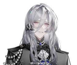 Rule 34 | 1boy, alternate costume, ascot, ban tang siji qing, black capelet, black shirt, blue gemstone, brooch, cael anselm, capelet, fish bone, gem, glint, grey hair, hair between eyes, hair ornament, jewelry, lace, lace shirt, long bangs, long hair, long sleeves, looking at viewer, lovebrush chronicles, male focus, necklace, parted lips, pearl (gemstone), pearl necklace, purple eyes, red pupils, shirt, simple background, smile, solo, upper body, weibo logo, weibo watermark, white ascot, white background