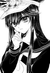 Rule 34 | 1980s (style), 1girl, bad id, bad pixiv id, breasts, crest, family crest, fate/grand order, fate (series), greyscale, hat, kanon (ikamiso), koha-ace, long hair, long sleeves, looking at viewer, monochrome, neckerchief, oda nobunaga (fate), oda nobunaga (koha-ace), oda uri, oldschool, peaked cap, retro artstyle, sailor collar, school uniform, serafuku, sidelocks, simple background, solo, white background