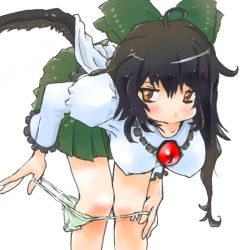 Rule 34 | 1girl, :&gt;, bad id, bad pixiv id, bent over, black hair, blush, bow, breasts, brown eyes, covered erect nipples, female focus, goton goton, hair bow, heart, heart print, large breasts, long hair, messy hair, panties, panty pull, reiuji utsuho, solo, star (symbol), striped clothes, striped panties, symbol-shaped pupils, thong, touhou, underwear, wardrobe error, wings