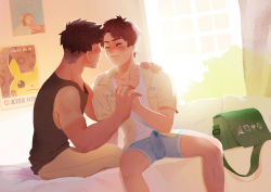 Rule 34 | 2boys, absurdres, bag, bed, black hair, black tank top, blue shorts, blush, brown hair, brown pants, bulge, closed eyes, erection, erection under clothes, gaydio zrong, gen 1 pokemon, highres, holding hands, imminent kiss, jacket, male focus, multiple boys, on bed, open clothes, open jacket, original, pants, pikachu, pokemon, poster (object), shirt, short hair, shorts, sitting, sweat, tank top, undercut, white shirt, yaoi, yellow jacket